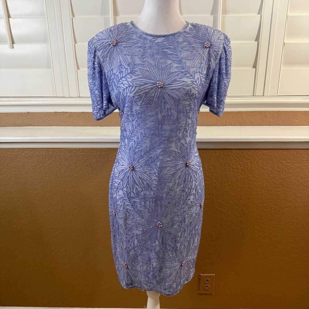Vintage 80s Laurence Kazar Hand Beaded Silk Cocktail Dress Sz S Old Hollywood